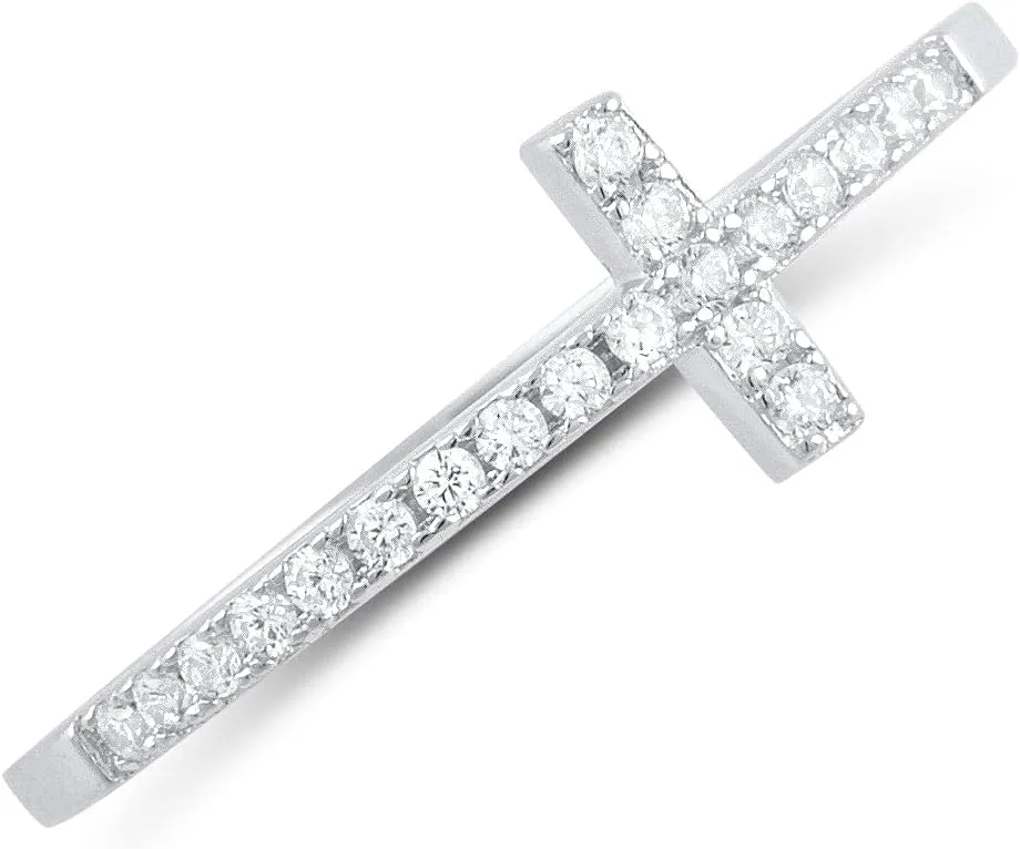 Rhodium Plated Sterling Silver Thin Womens Cz Cubic Zirconia Stackable Sideways Cross Ring Size 4-12