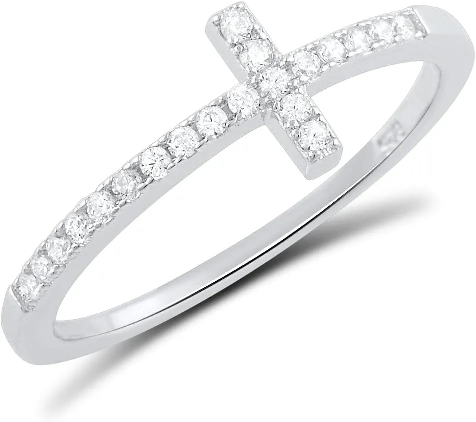 Rhodium Plated Sterling Silver Thin Womens Cz Cubic Zirconia Stackable Sideways Cross Ring Size 4-12