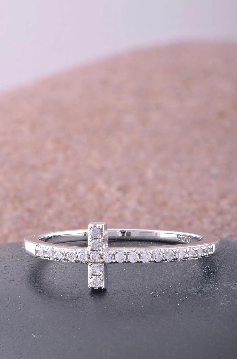Rhodium Plated Sterling Silver Thin Womens Cz Cubic Zirconia Stackable Sideways Cross Ring Size 4-12