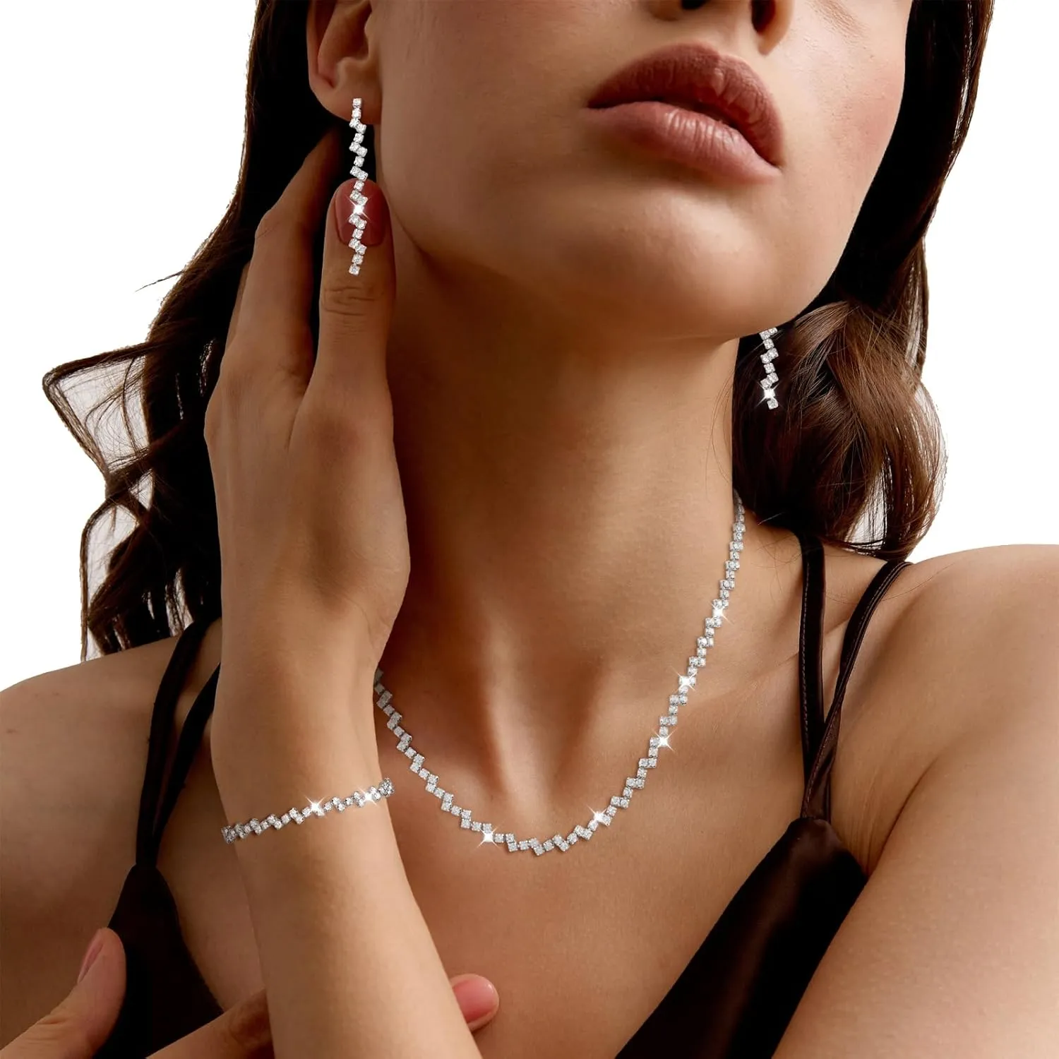 Ritach Silver Jewelry Set for Women Rhinestone Necklace Drop Earrings Link Bracelet Dangle Earrings Bridal Wedding Jewelry Sets for Brides Bridemaid Prom Dresses Costume Accessories