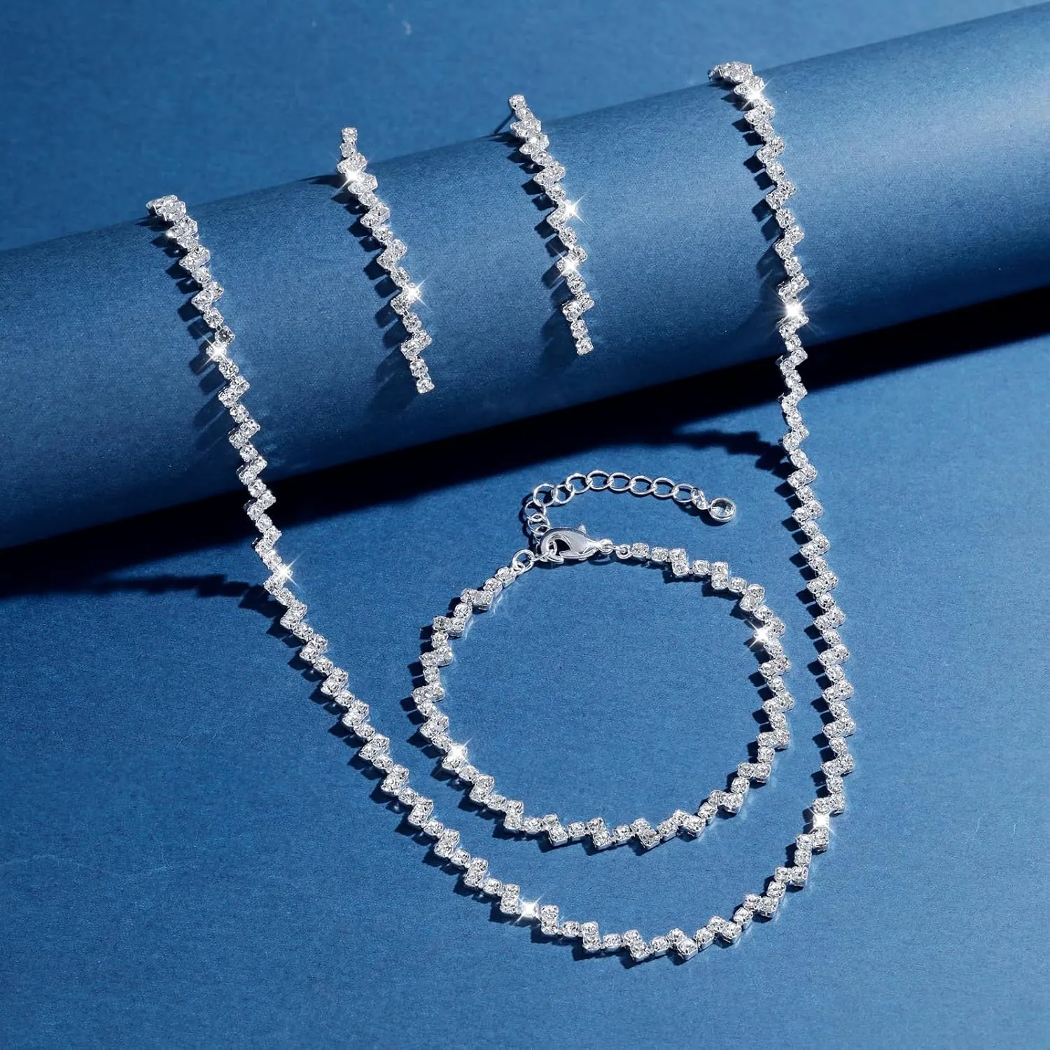 Ritach Silver Jewelry Set for Women Rhinestone Necklace Drop Earrings Link Bracelet Dangle Earrings Bridal Wedding Jewelry Sets for Brides Bridemaid Prom Dresses Costume Accessories