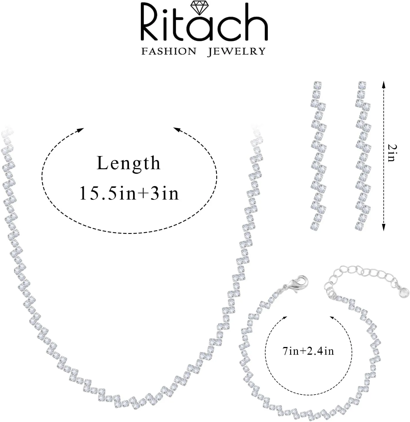 Ritach Silver Jewelry Set for Women Rhinestone Necklace Drop Earrings Link Bracelet Dangle Earrings Bridal Wedding Jewelry Sets for Brides Bridemaid Prom Dresses Costume Accessories