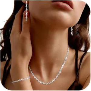 Ritach Silver Jewelry Set for Women Rhinestone Necklace Drop Earrings Link Bracelet Dangle Earrings Bridal Wedding Jewelry Sets for Brides Bridemaid Prom Dresses Costume Accessories