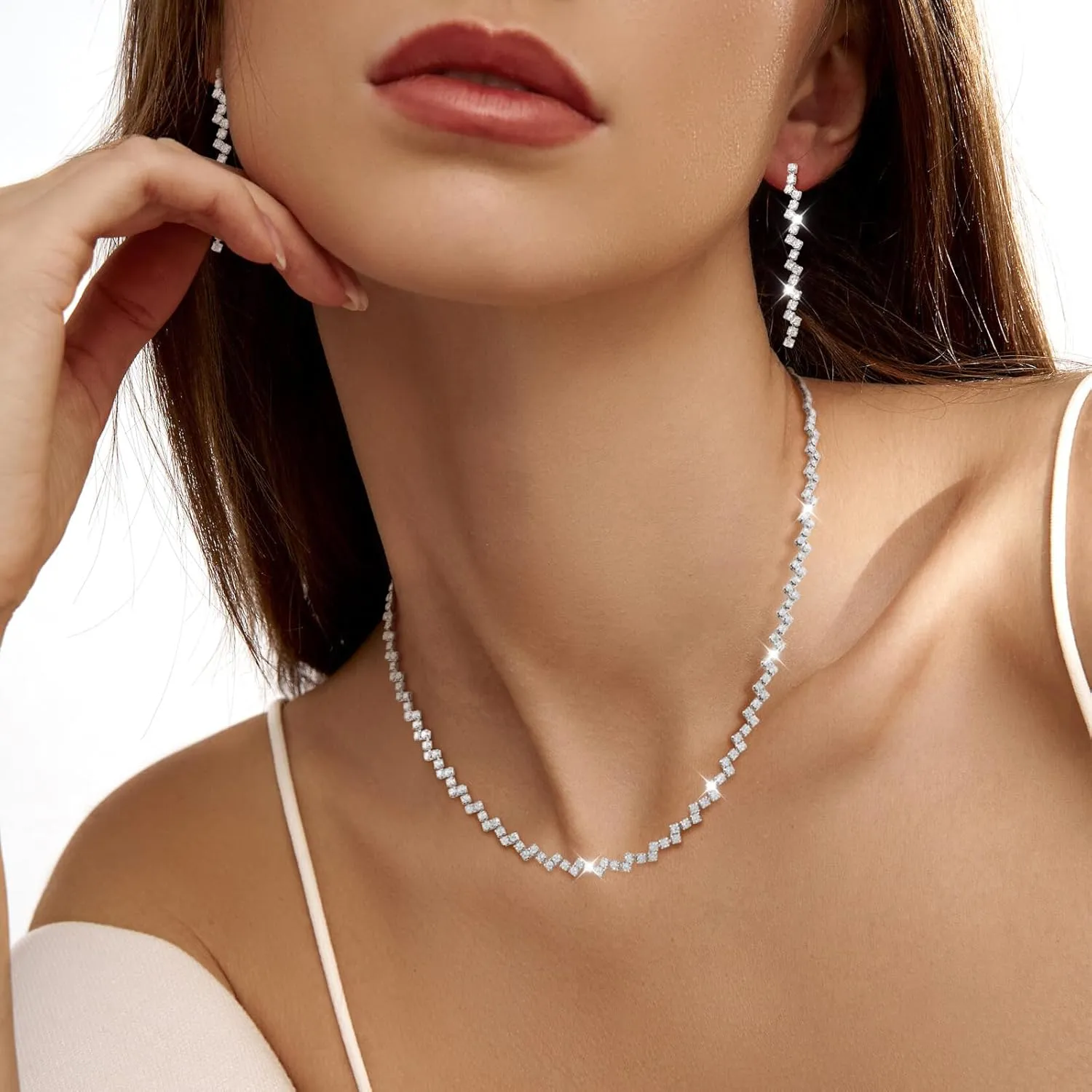 Ritach Silver Jewelry Set for Women Rhinestone Necklace Drop Earrings Link Bracelet Dangle Earrings Bridal Wedding Jewelry Sets for Brides Bridemaid Prom Dresses Costume Accessories
