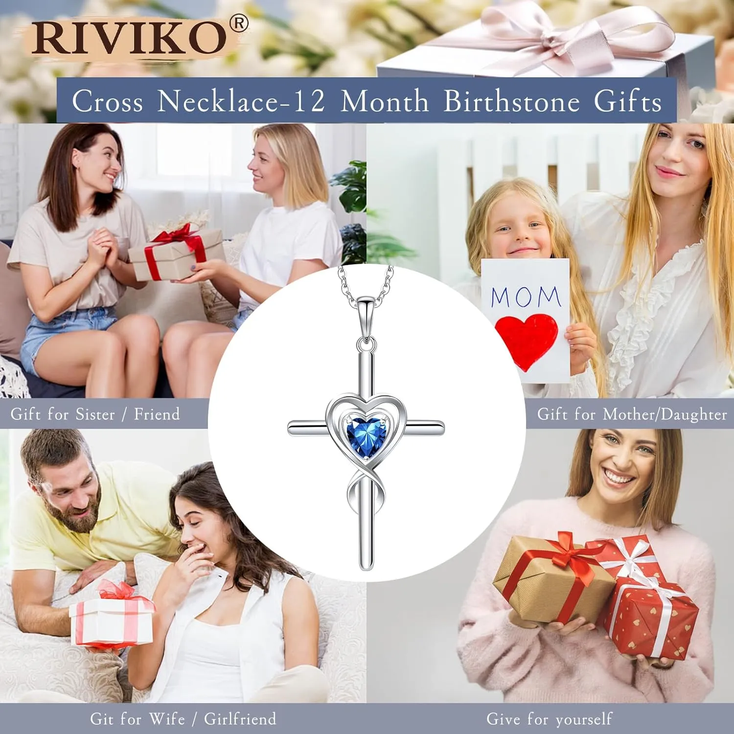 RIVIKO Cross Birthstone Necklace for Women,925 Sterling Silver Heart Pendant Necklaces Trendy,Cross Jewelry Anniversary Birthday Mothers Day Jewelry Gifts for Mom Wife Girlfriend Her