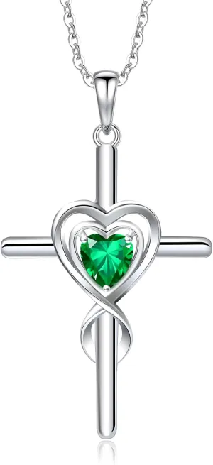 RIVIKO Cross Birthstone Necklace for Women,925 Sterling Silver Heart Pendant Necklaces Trendy,Cross Jewelry Anniversary Birthday Mothers Day Jewelry Gifts for Mom Wife Girlfriend Her