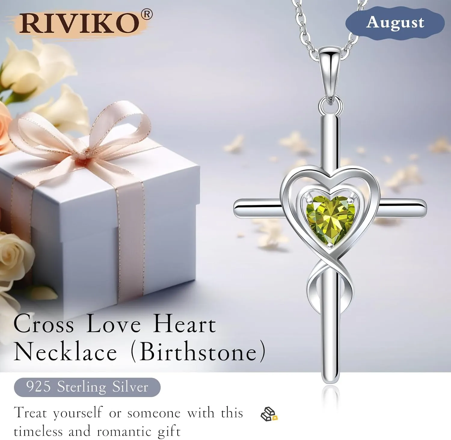 RIVIKO Cross Birthstone Necklace for Women,925 Sterling Silver Heart Pendant Necklaces Trendy,Cross Jewelry Anniversary Birthday Mothers Day Jewelry Gifts for Mom Wife Girlfriend Her