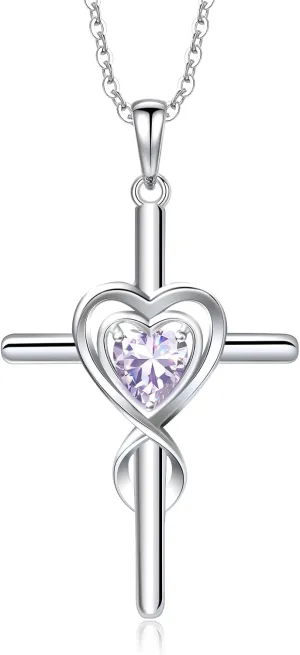 RIVIKO Cross Birthstone Necklace for Women,925 Sterling Silver Heart Pendant Necklaces Trendy,Cross Jewelry Anniversary Birthday Mothers Day Jewelry Gifts for Mom Wife Girlfriend Her