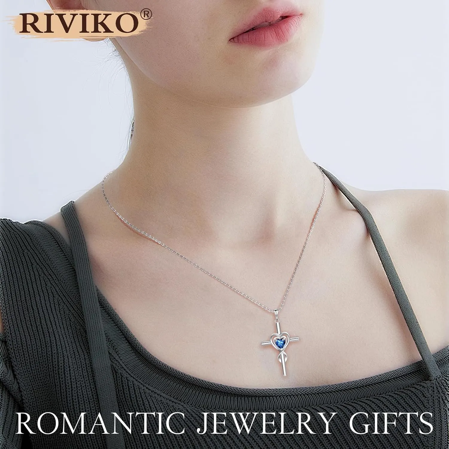 RIVIKO Cross Birthstone Necklace for Women,925 Sterling Silver Heart Pendant Necklaces Trendy,Cross Jewelry Anniversary Birthday Mothers Day Jewelry Gifts for Mom Wife Girlfriend Her