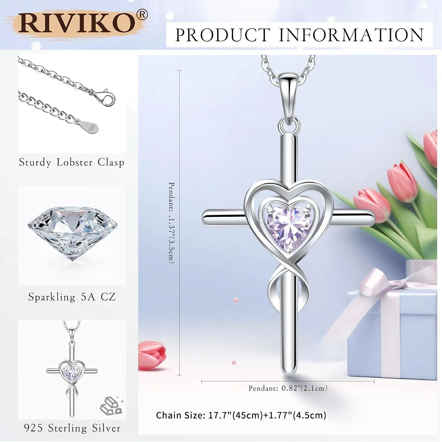 RIVIKO Cross Birthstone Necklace for Women,925 Sterling Silver Heart Pendant Necklaces Trendy,Cross Jewelry Anniversary Birthday Mothers Day Jewelry Gifts for Mom Wife Girlfriend Her