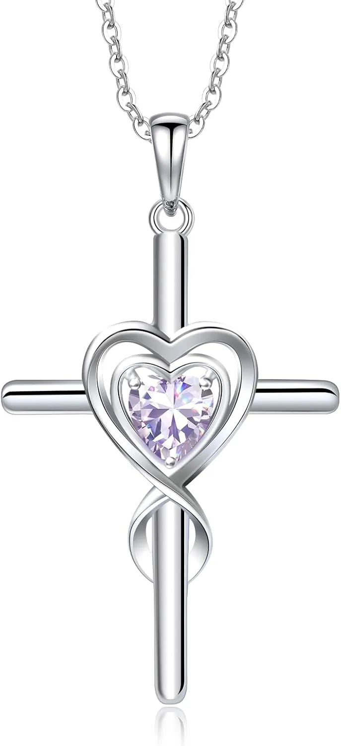 RIVIKO Cross Birthstone Necklace for Women,925 Sterling Silver Heart Pendant Necklaces Trendy,Cross Jewelry Anniversary Birthday Mothers Day Jewelry Gifts for Mom Wife Girlfriend Her