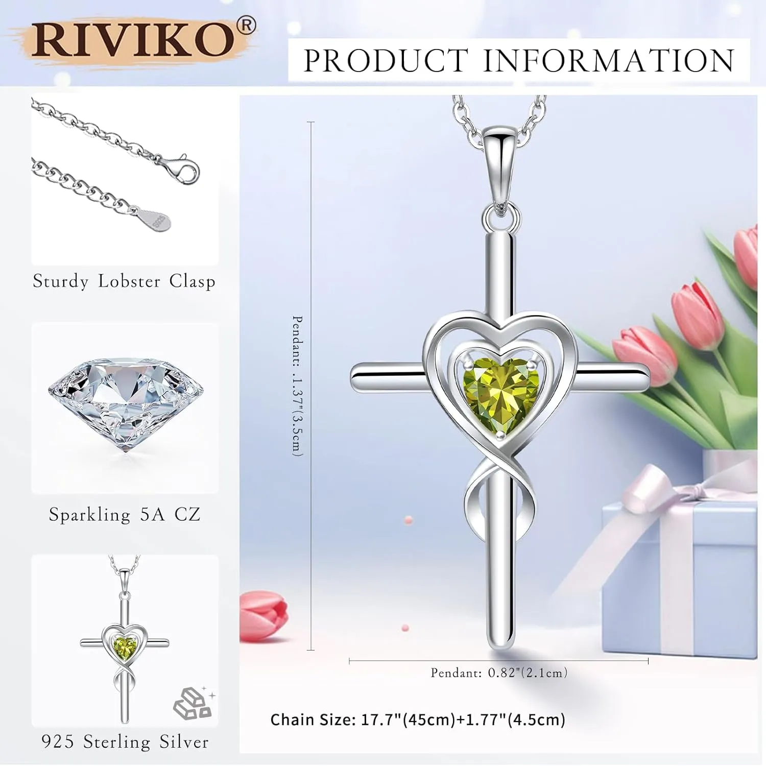 RIVIKO Cross Birthstone Necklace for Women,925 Sterling Silver Heart Pendant Necklaces Trendy,Cross Jewelry Anniversary Birthday Mothers Day Jewelry Gifts for Mom Wife Girlfriend Her