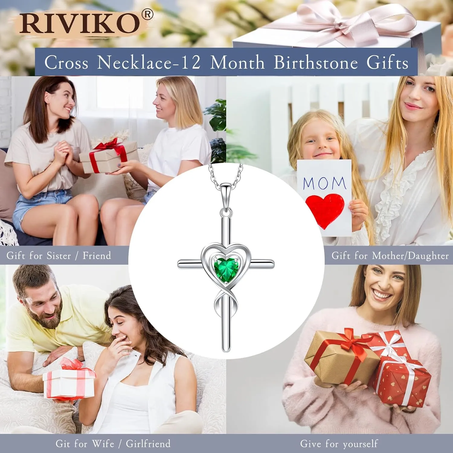 RIVIKO Cross Birthstone Necklace for Women,925 Sterling Silver Heart Pendant Necklaces Trendy,Cross Jewelry Anniversary Birthday Mothers Day Jewelry Gifts for Mom Wife Girlfriend Her