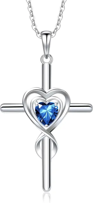 RIVIKO Cross Birthstone Necklace for Women,925 Sterling Silver Heart Pendant Necklaces Trendy,Cross Jewelry Anniversary Birthday Mothers Day Jewelry Gifts for Mom Wife Girlfriend Her