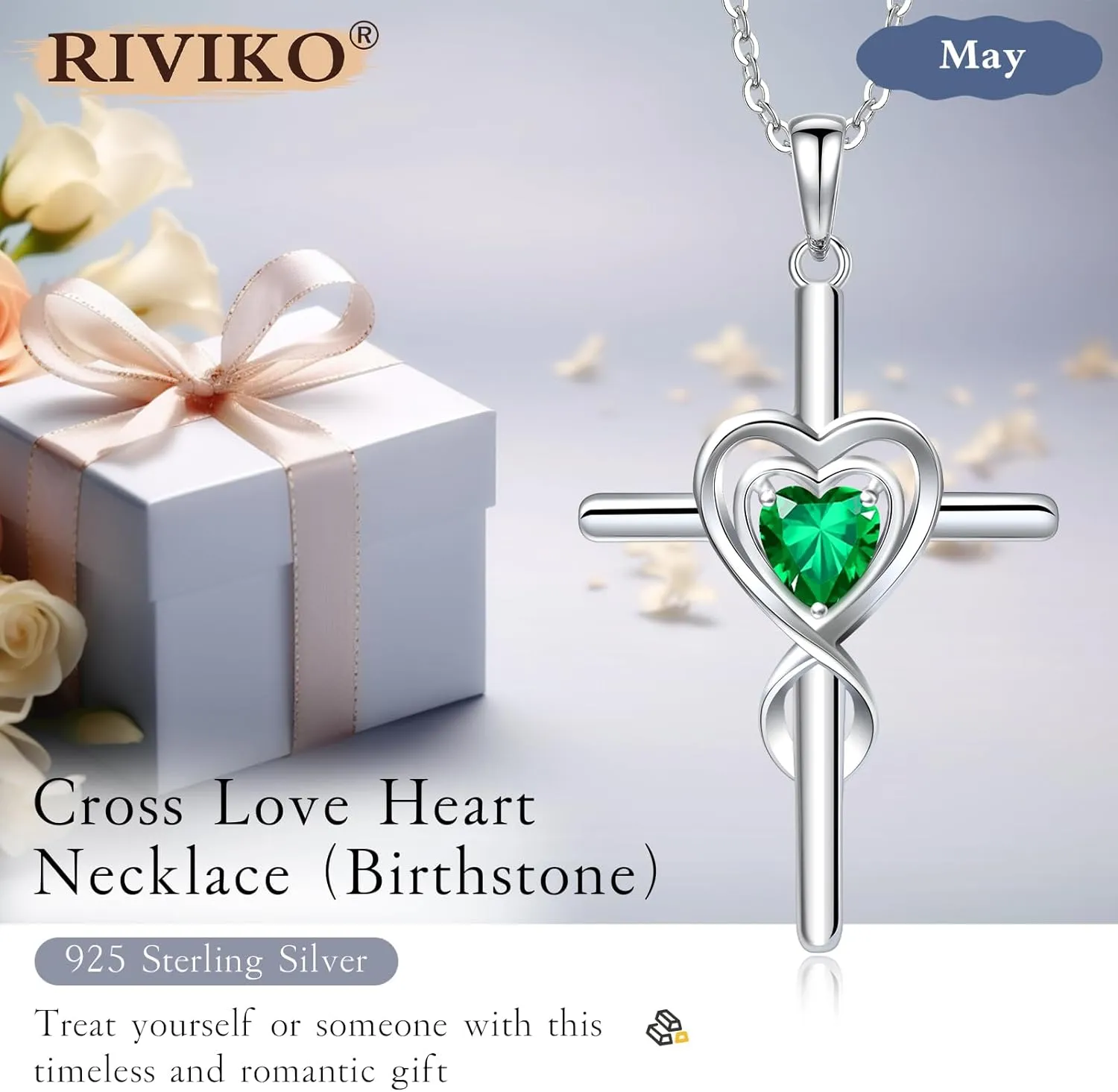 RIVIKO Cross Birthstone Necklace for Women,925 Sterling Silver Heart Pendant Necklaces Trendy,Cross Jewelry Anniversary Birthday Mothers Day Jewelry Gifts for Mom Wife Girlfriend Her