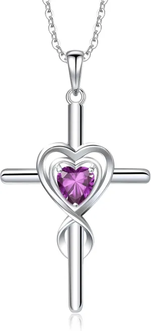 RIVIKO Cross Birthstone Necklace for Women,925 Sterling Silver Heart Pendant Necklaces Trendy,Cross Jewelry Anniversary Birthday Mothers Day Jewelry Gifts for Mom Wife Girlfriend Her