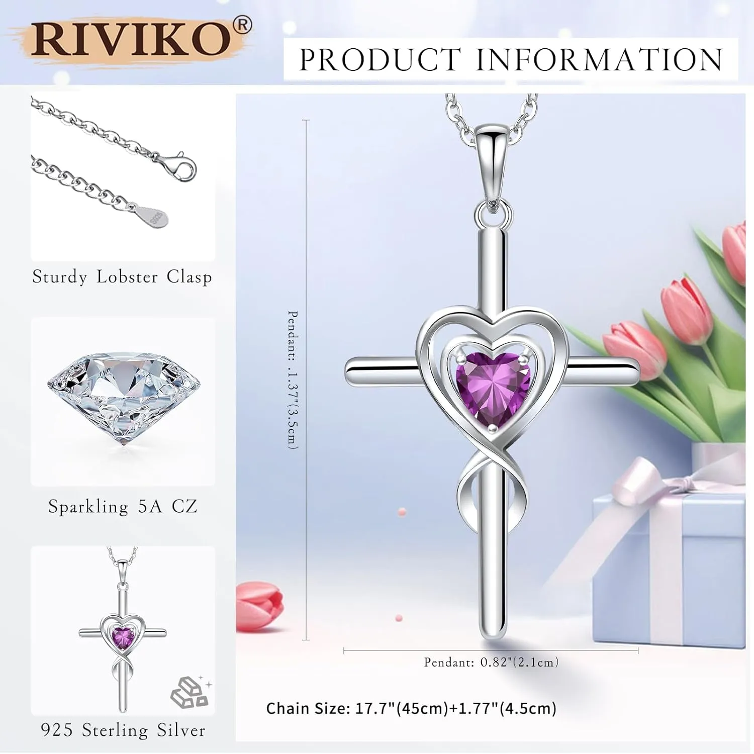 RIVIKO Cross Birthstone Necklace for Women,925 Sterling Silver Heart Pendant Necklaces Trendy,Cross Jewelry Anniversary Birthday Mothers Day Jewelry Gifts for Mom Wife Girlfriend Her