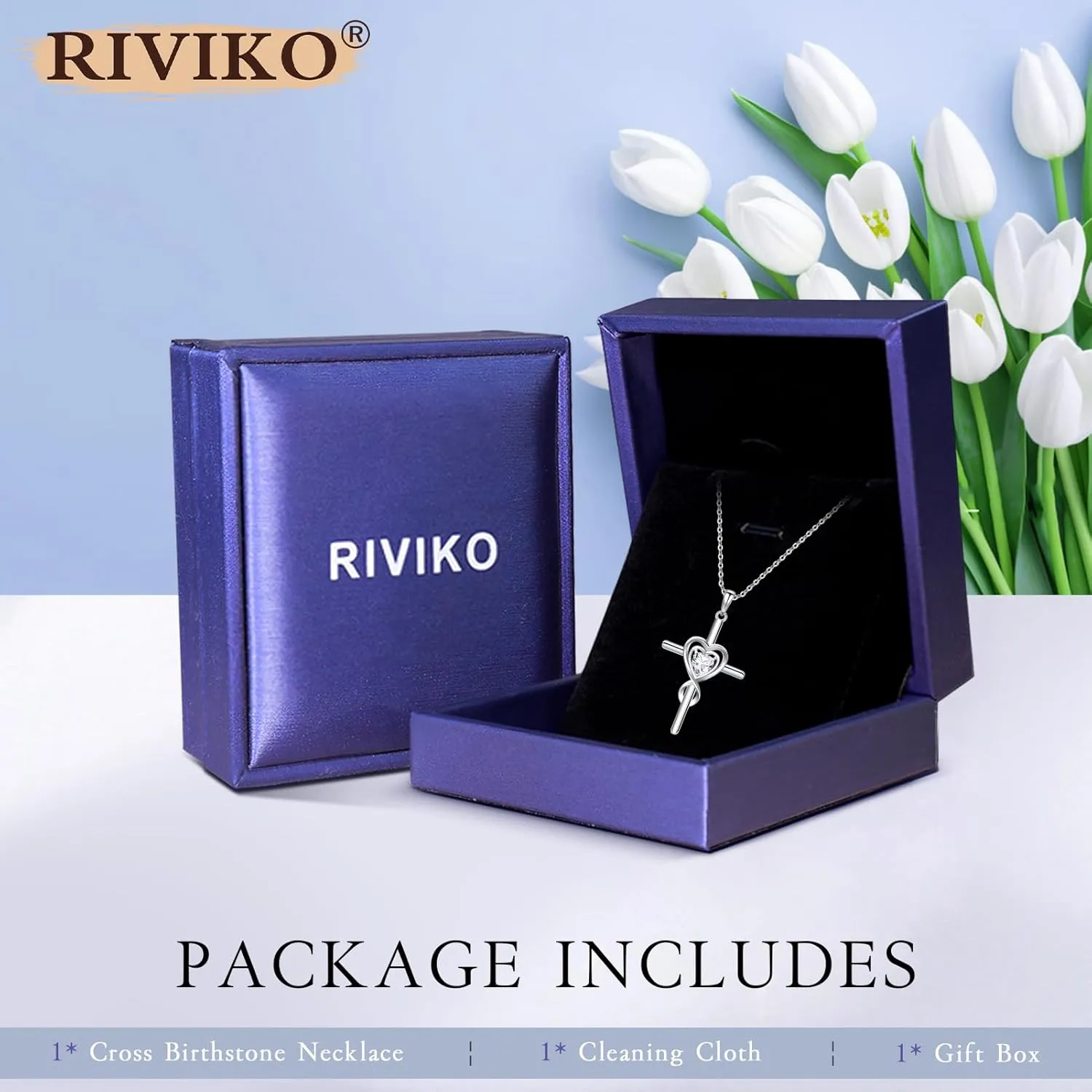 RIVIKO Cross Birthstone Necklace for Women,925 Sterling Silver Heart Pendant Necklaces Trendy,Cross Jewelry Anniversary Birthday Mothers Day Jewelry Gifts for Mom Wife Girlfriend Her