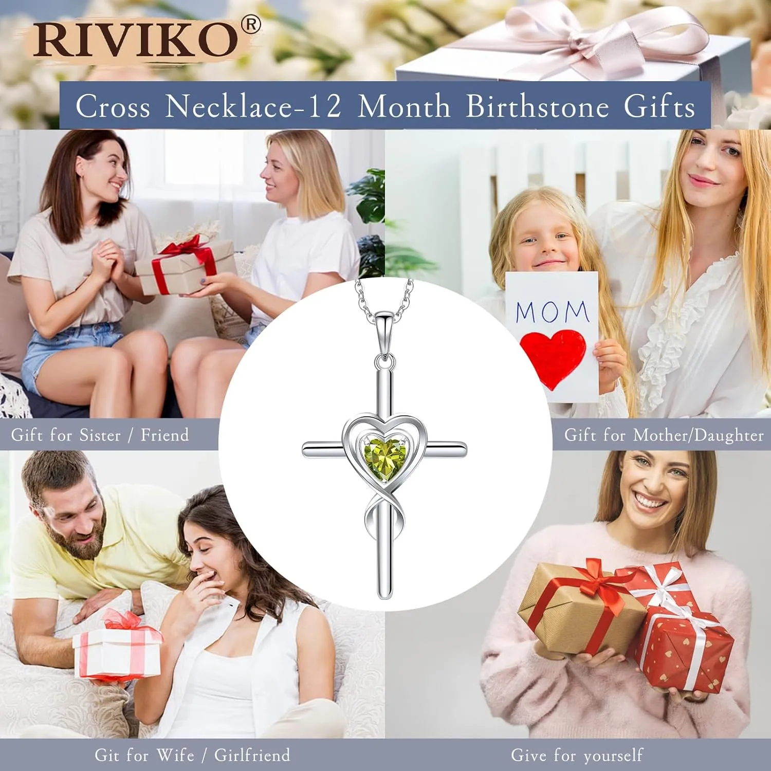 RIVIKO Cross Birthstone Necklace for Women,925 Sterling Silver Heart Pendant Necklaces Trendy,Cross Jewelry Anniversary Birthday Mothers Day Jewelry Gifts for Mom Wife Girlfriend Her