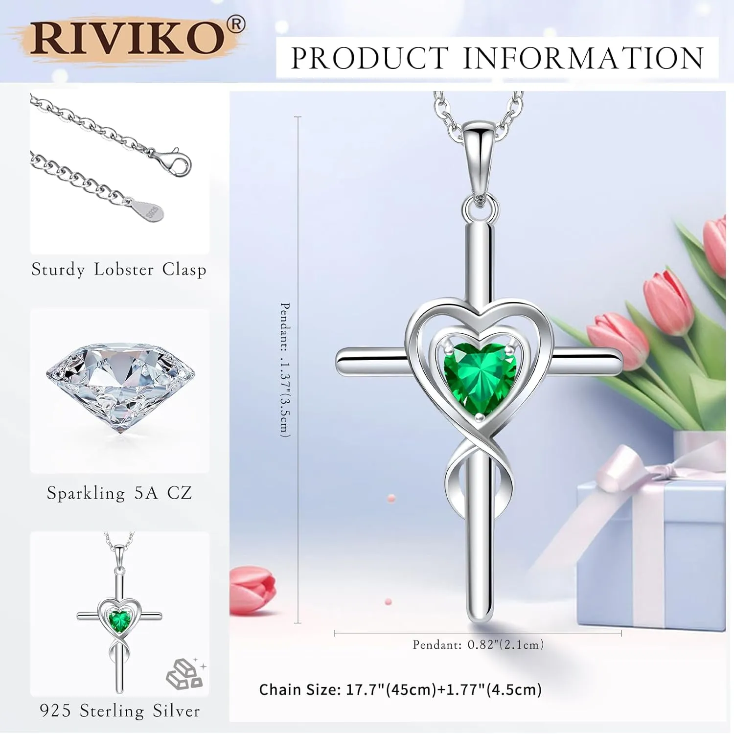 RIVIKO Cross Birthstone Necklace for Women,925 Sterling Silver Heart Pendant Necklaces Trendy,Cross Jewelry Anniversary Birthday Mothers Day Jewelry Gifts for Mom Wife Girlfriend Her