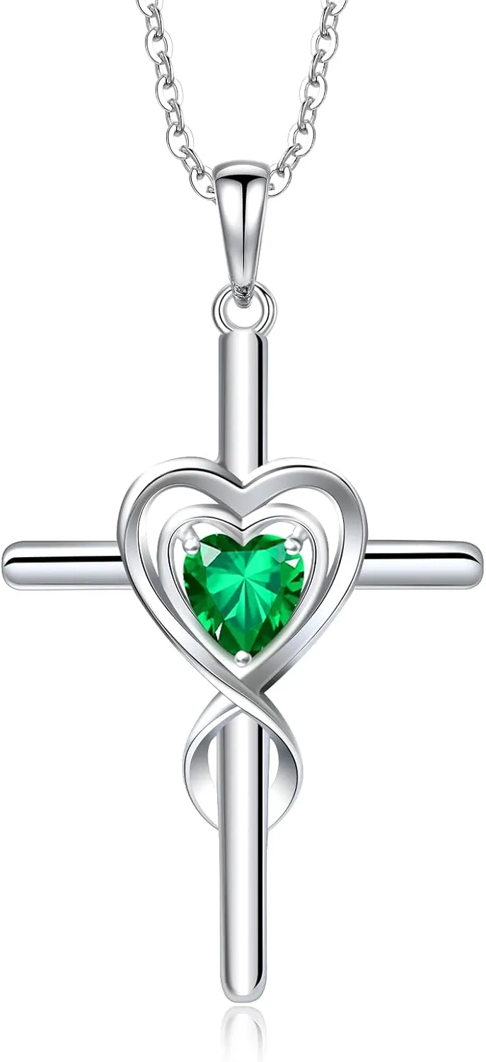 RIVIKO Cross Birthstone Necklace for Women,925 Sterling Silver Heart Pendant Necklaces Trendy,Cross Jewelry Anniversary Birthday Mothers Day Jewelry Gifts for Mom Wife Girlfriend Her