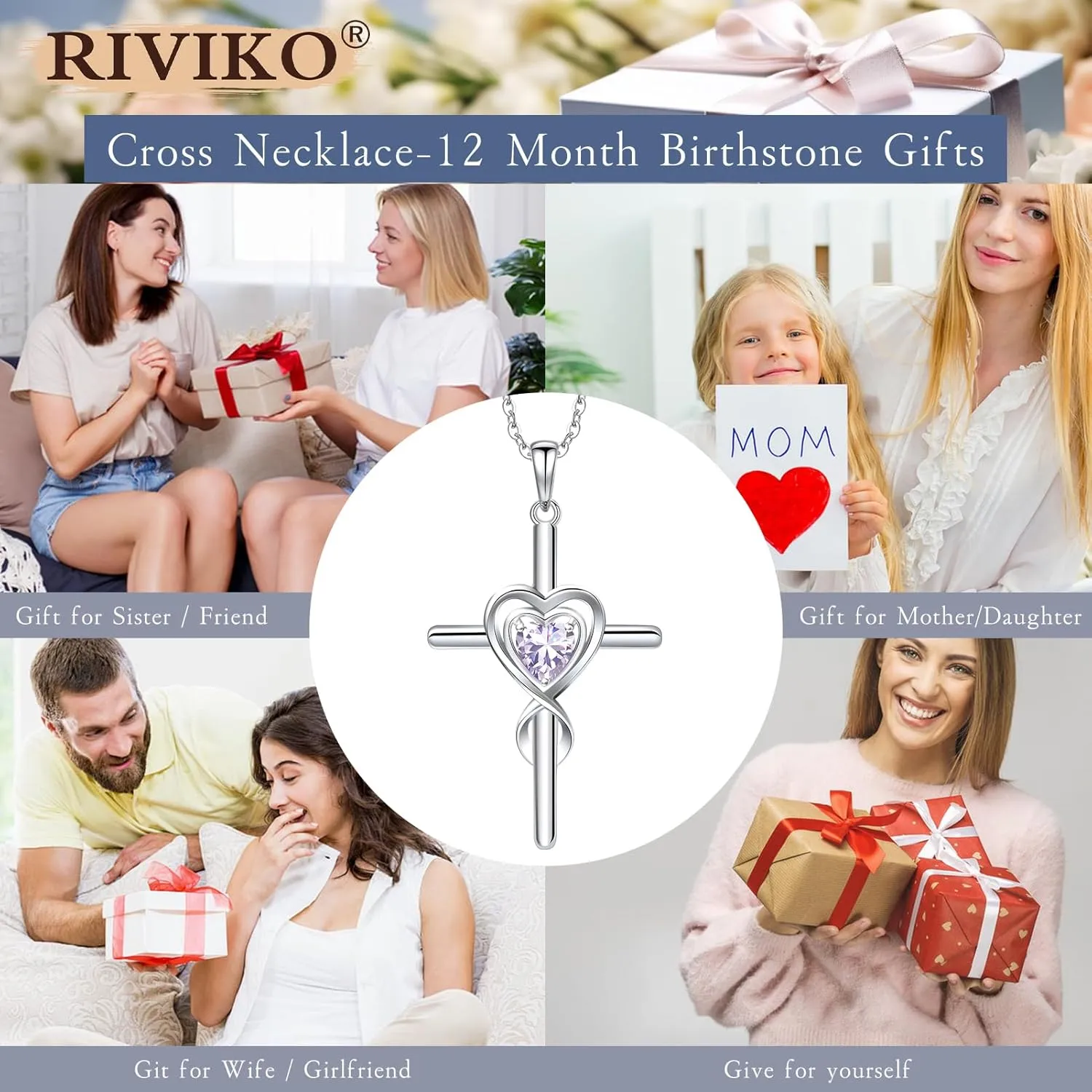 RIVIKO Cross Birthstone Necklace for Women,925 Sterling Silver Heart Pendant Necklaces Trendy,Cross Jewelry Anniversary Birthday Mothers Day Jewelry Gifts for Mom Wife Girlfriend Her