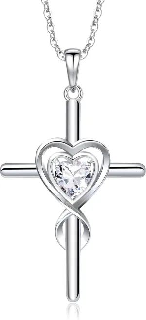 RIVIKO Cross Birthstone Necklace for Women,925 Sterling Silver Heart Pendant Necklaces Trendy,Cross Jewelry Anniversary Birthday Mothers Day Jewelry Gifts for Mom Wife Girlfriend Her