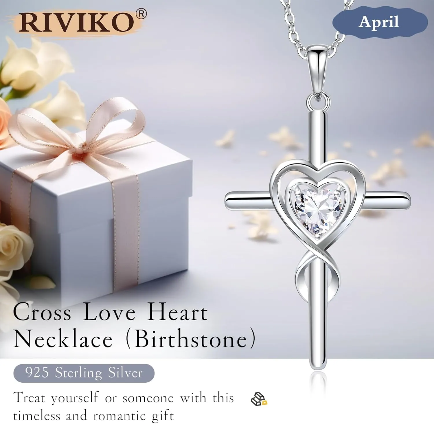 RIVIKO Cross Birthstone Necklace for Women,925 Sterling Silver Heart Pendant Necklaces Trendy,Cross Jewelry Anniversary Birthday Mothers Day Jewelry Gifts for Mom Wife Girlfriend Her