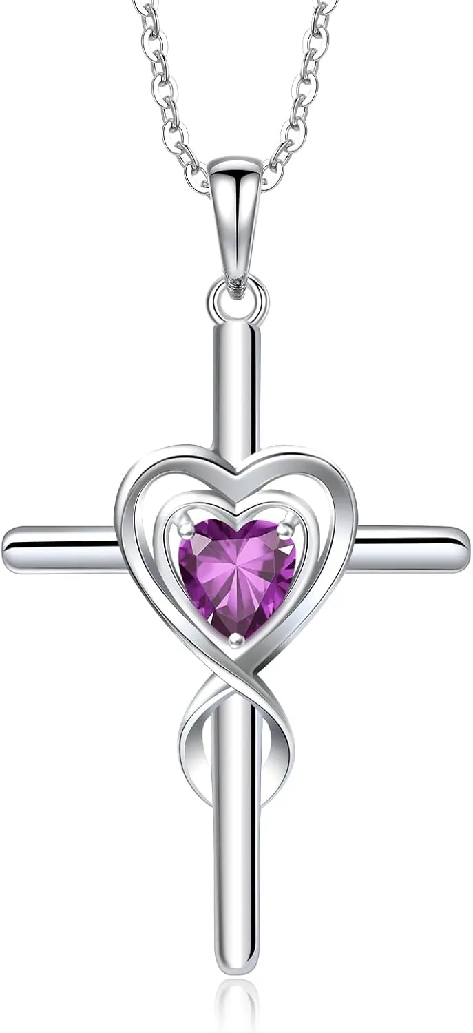 RIVIKO Cross Birthstone Necklace for Women,925 Sterling Silver Heart Pendant Necklaces Trendy,Cross Jewelry Anniversary Birthday Mothers Day Jewelry Gifts for Mom Wife Girlfriend Her