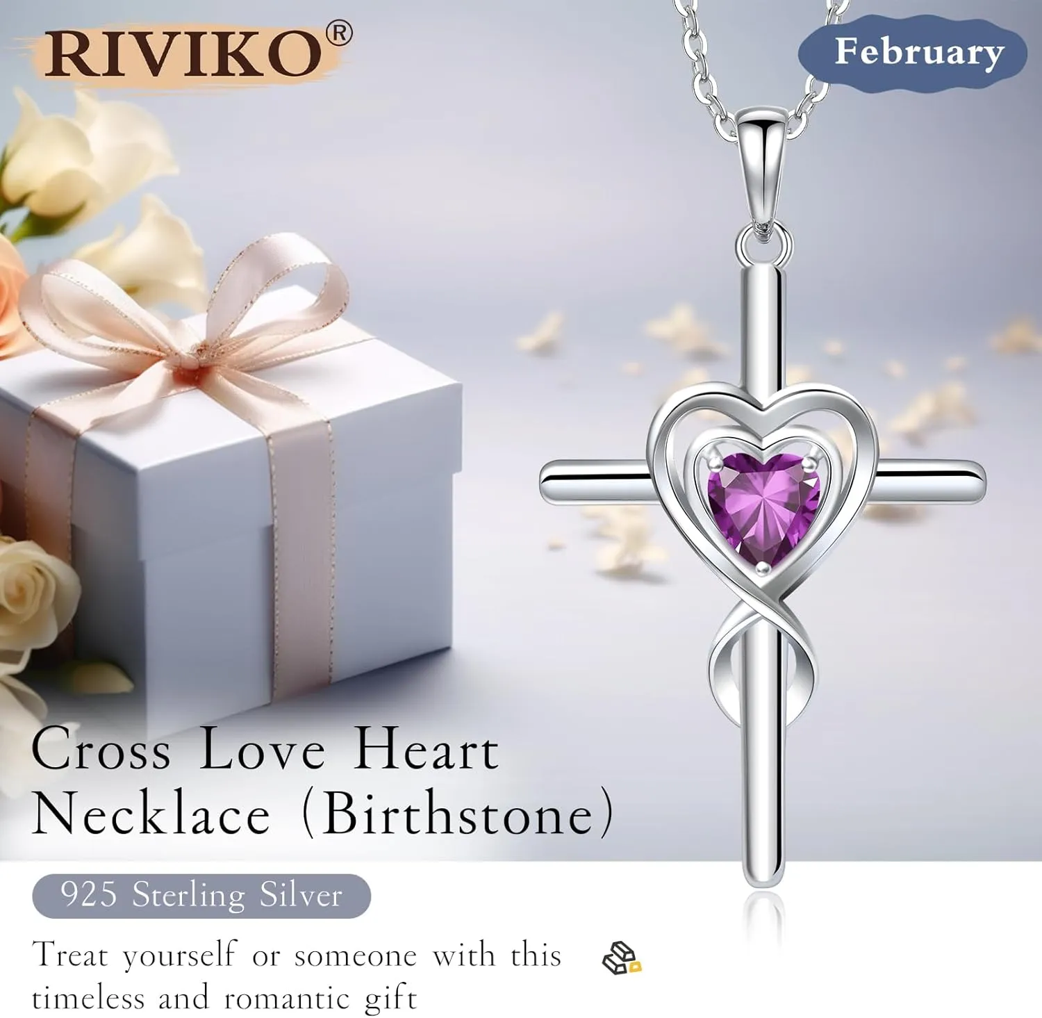 RIVIKO Cross Birthstone Necklace for Women,925 Sterling Silver Heart Pendant Necklaces Trendy,Cross Jewelry Anniversary Birthday Mothers Day Jewelry Gifts for Mom Wife Girlfriend Her