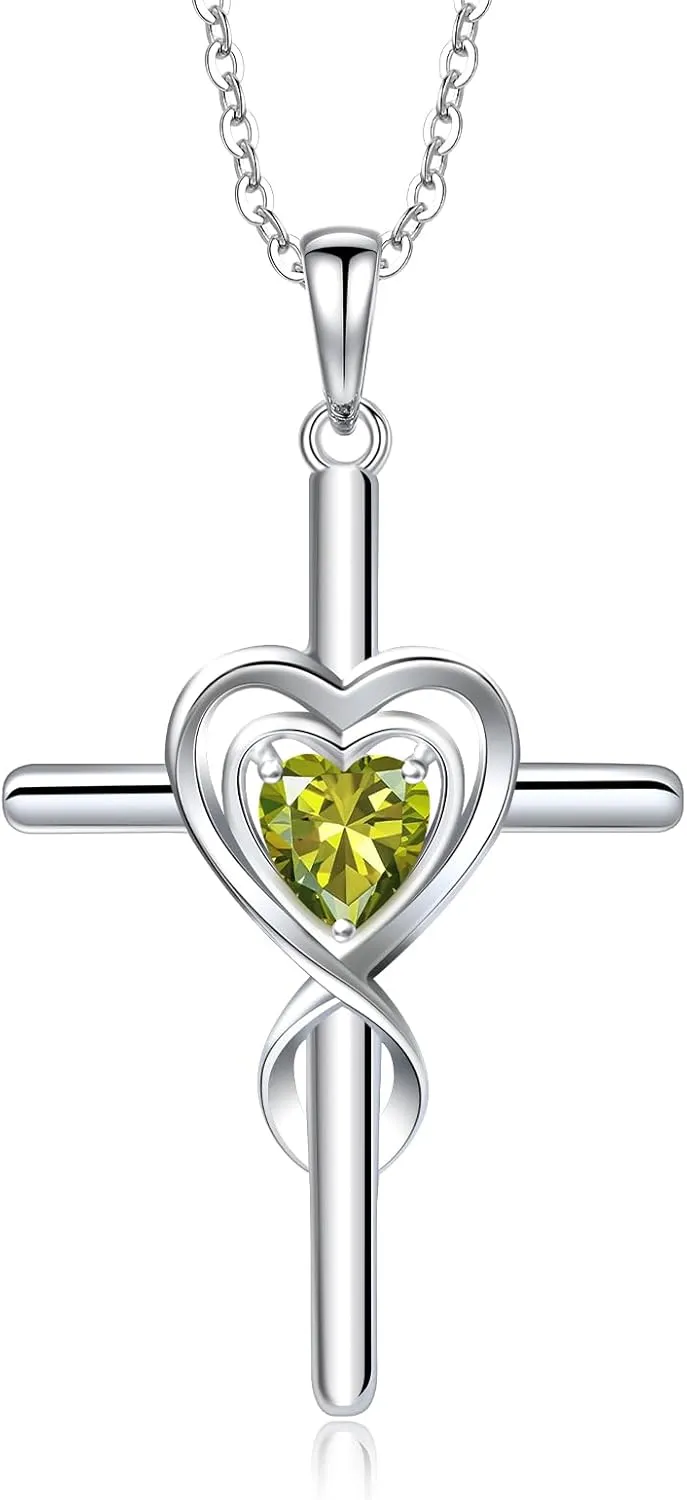 RIVIKO Cross Birthstone Necklace for Women,925 Sterling Silver Heart Pendant Necklaces Trendy,Cross Jewelry Anniversary Birthday Mothers Day Jewelry Gifts for Mom Wife Girlfriend Her
