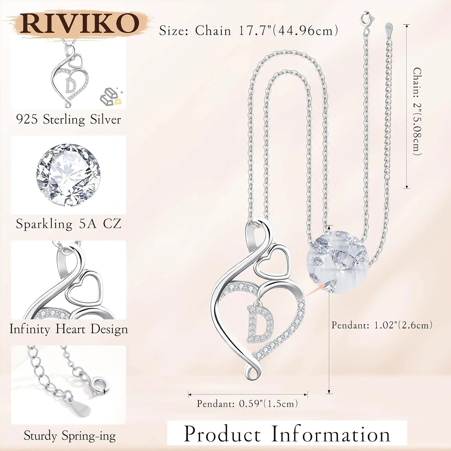RIVIKO Infinity Heart Initial Necklace for Women,925 Sterling Silver Letter Pendant Personalized Jewelry,Name Necklace Graduation Birthday Mother's Day Gifts for Mom Women Wife Friend