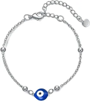 Rnivida Stainless Steel Evil Eye Bracelet for Women Minimalist Blue Evil Eye Protection Link Chain Bracelet