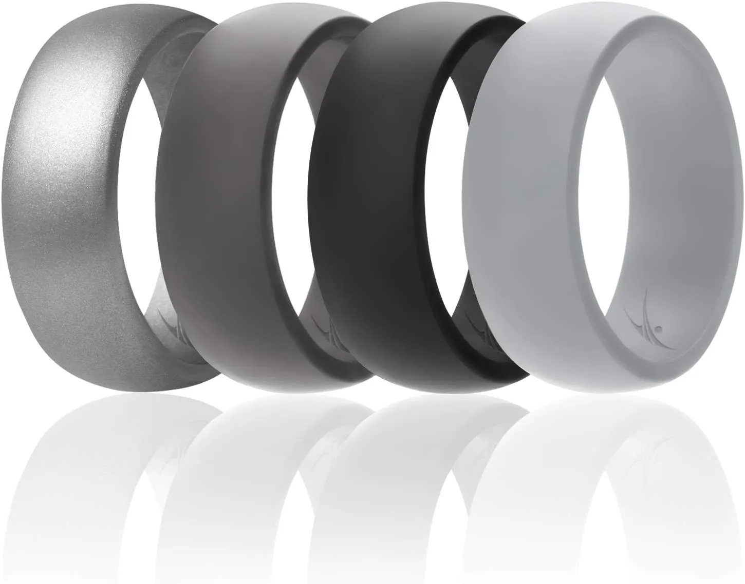 ROQ Silicone Rubber Wedding Ring for Men, Comfort Fit, Breathable Rubber Engagement Band, Men's Wedding Band, 8mm Wide 2mm Thick, Dome Solid, 4 Pack, Light Grey, Black, Grey, Silver, Size 7