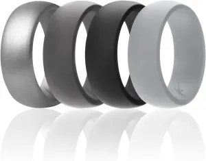 ROQ Silicone Rubber Wedding Ring for Men, Comfort Fit, Breathable Rubber Engagement Band, Men's Wedding Band, 8mm Wide 2mm Thick, Dome Solid, 4 Pack, Light Grey, Black, Grey, Silver, Size 7