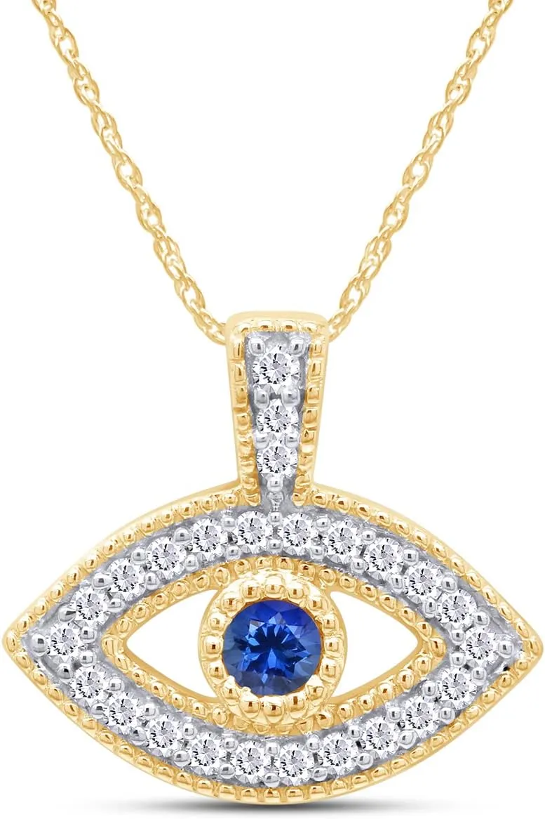 Round Cut Simulated Birthstone & White Cubic Zirconia Evil Eye Pendant Necklace Jewelry For Women In 14k Gold Over Sterling Silver Along With 18" Silver Chain