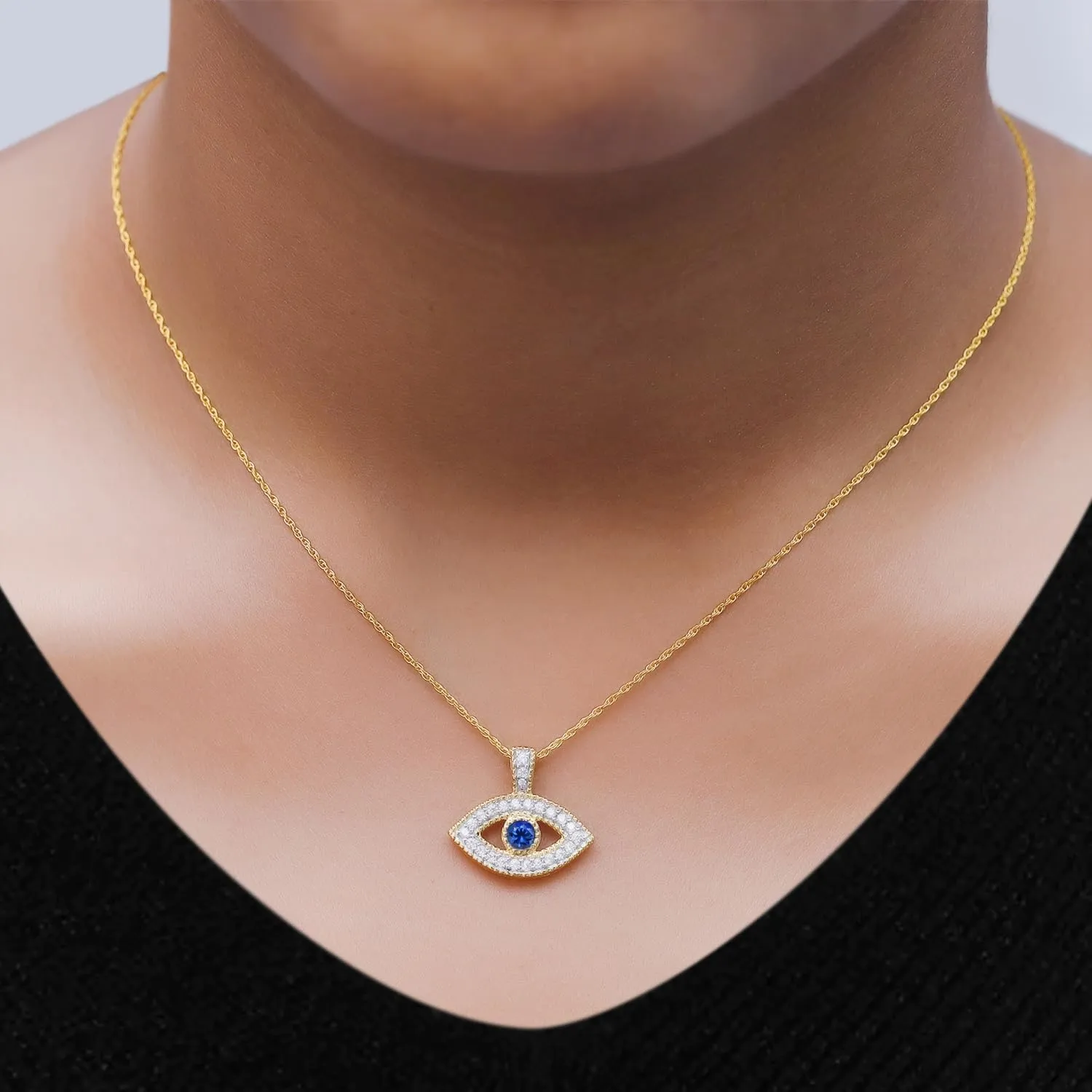 Round Cut Simulated Birthstone & White Cubic Zirconia Evil Eye Pendant Necklace Jewelry For Women In 14k Gold Over Sterling Silver Along With 18" Silver Chain