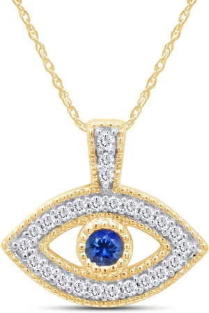 Round Cut Simulated Birthstone & White Cubic Zirconia Evil Eye Pendant Necklace Jewelry For Women In 14k Gold Over Sterling Silver Along With 18" Silver Chain