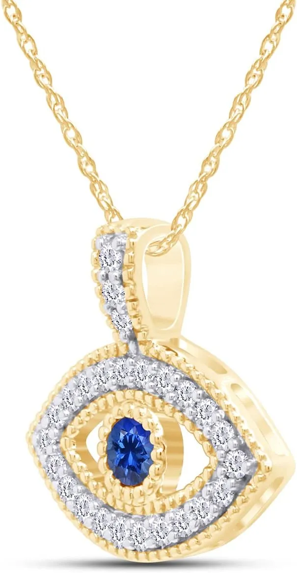 Round Cut Simulated Birthstone & White Cubic Zirconia Evil Eye Pendant Necklace Jewelry For Women In 14k Gold Over Sterling Silver Along With 18" Silver Chain