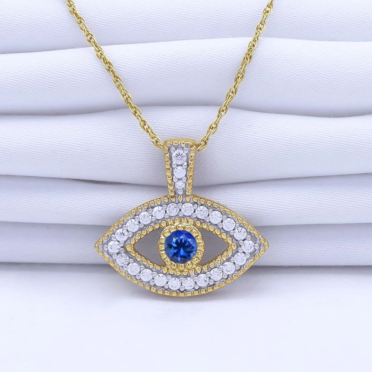 Round Cut Simulated Birthstone & White Cubic Zirconia Evil Eye Pendant Necklace Jewelry For Women In 14k Gold Over Sterling Silver Along With 18" Silver Chain