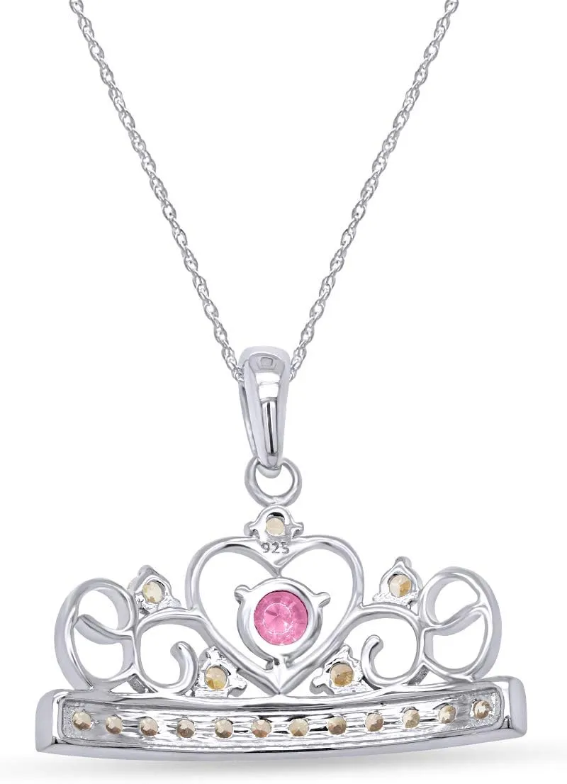 Round Cut Simulated Birthstone & White Cubic Zirconia Heart Crown Pendant Necklace Along With 18" Silver Chain Jewelry For Women In 14k White Gold Over Sterling Silver