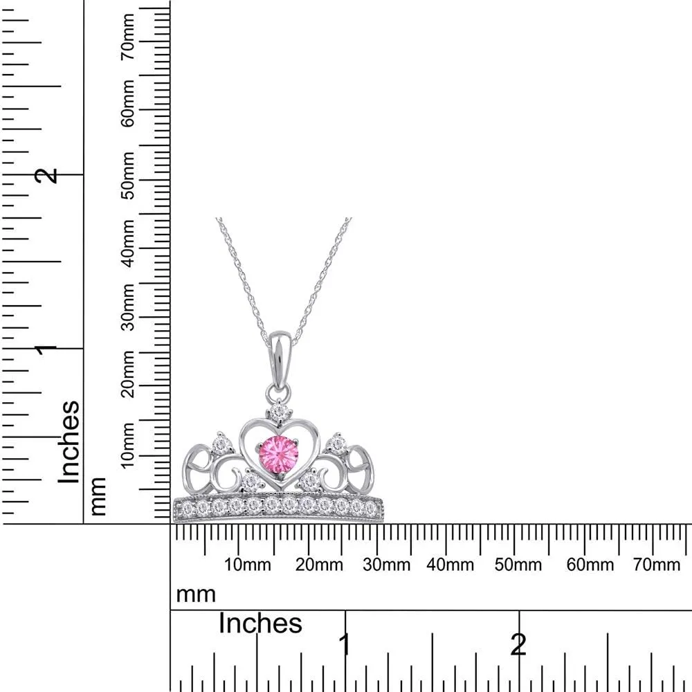 Round Cut Simulated Birthstone & White Cubic Zirconia Heart Crown Pendant Necklace Along With 18" Silver Chain Jewelry For Women In 14k White Gold Over Sterling Silver
