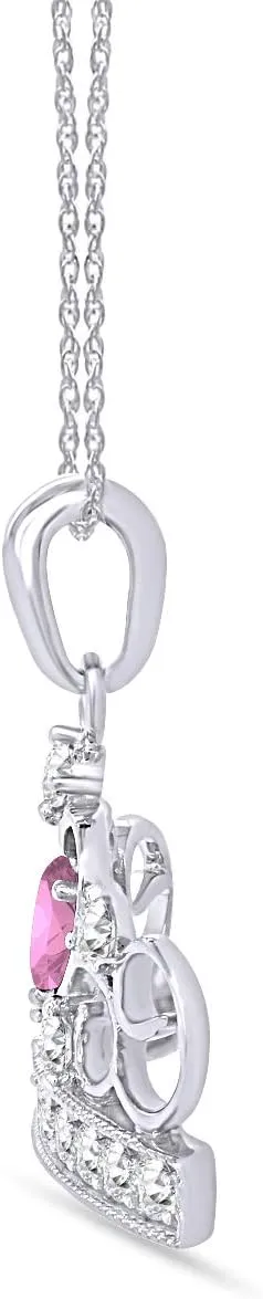 Round Cut Simulated Birthstone & White Cubic Zirconia Heart Crown Pendant Necklace Along With 18" Silver Chain Jewelry For Women In 14k White Gold Over Sterling Silver