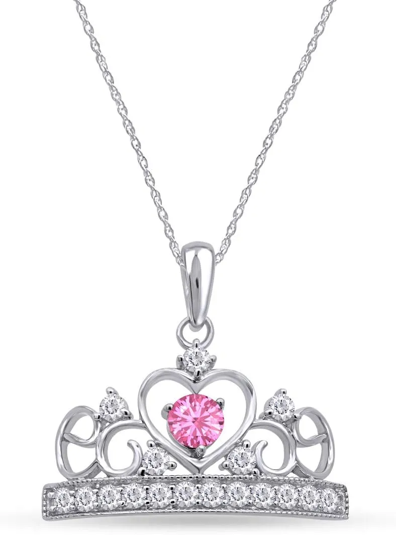 Round Cut Simulated Birthstone & White Cubic Zirconia Heart Crown Pendant Necklace Along With 18" Silver Chain Jewelry For Women In 14k White Gold Over Sterling Silver