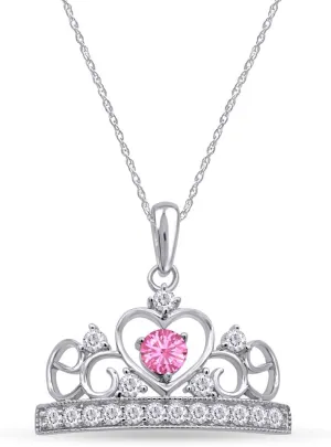Round Cut Simulated Birthstone & White Cubic Zirconia Heart Crown Pendant Necklace Along With 18" Silver Chain Jewelry For Women In 14k White Gold Over Sterling Silver