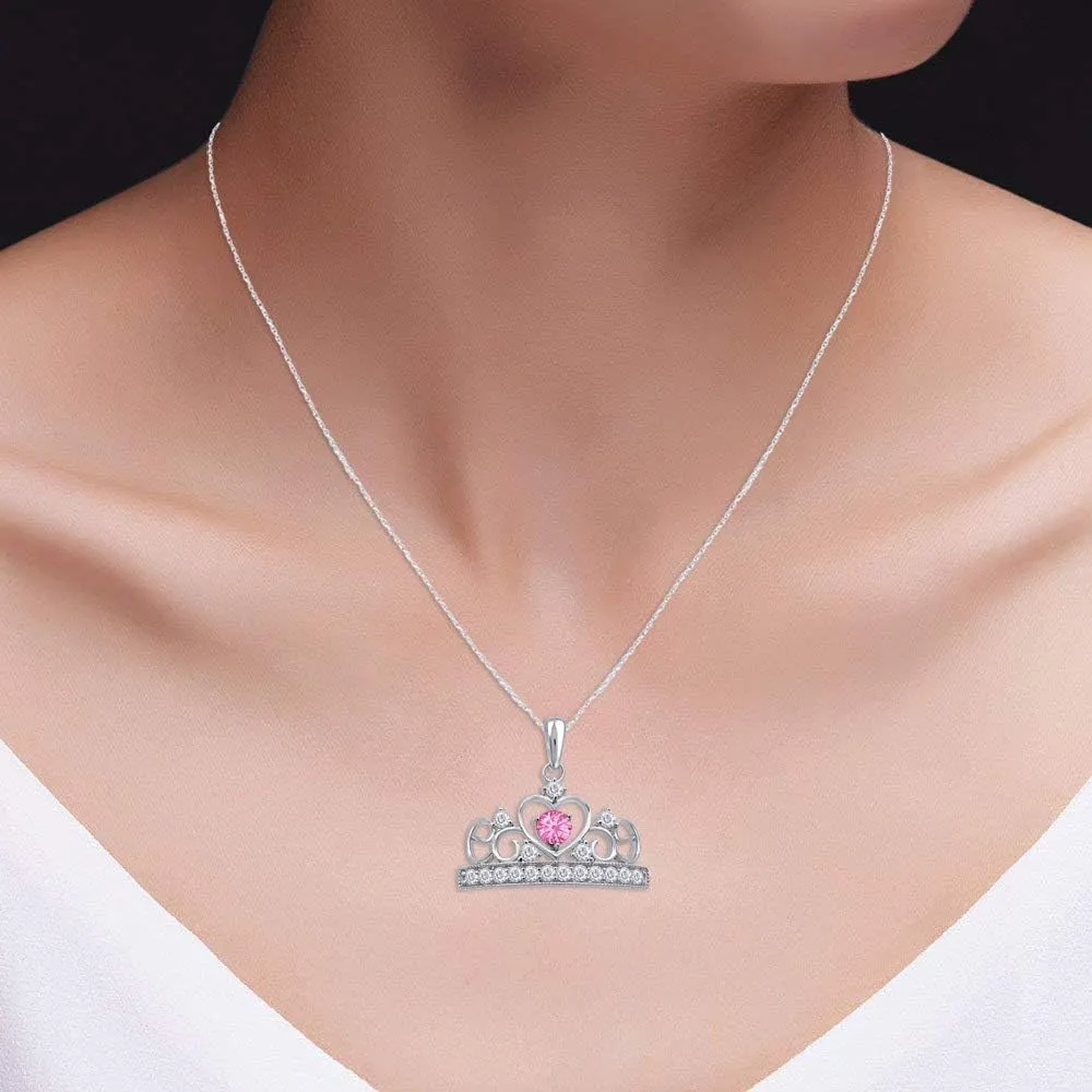 Round Cut Simulated Birthstone & White Cubic Zirconia Heart Crown Pendant Necklace Along With 18" Silver Chain Jewelry For Women In 14k White Gold Over Sterling Silver