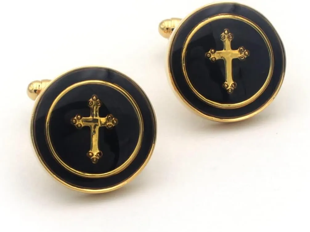 Round Gold Cross Cufflinks, Elegant Religious Design, Great for Formal Events and Gifting