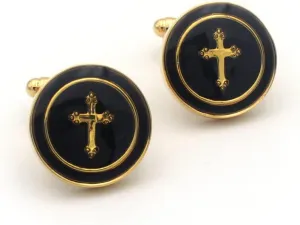 Round Gold Cross Cufflinks, Elegant Religious Design, Great for Formal Events and Gifting