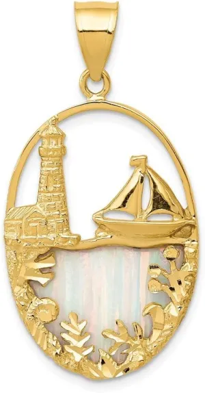 Roy Rose Jewelry 14K Yellow Gold Imitation Opal Lighthouse & Sailboat Pendant
