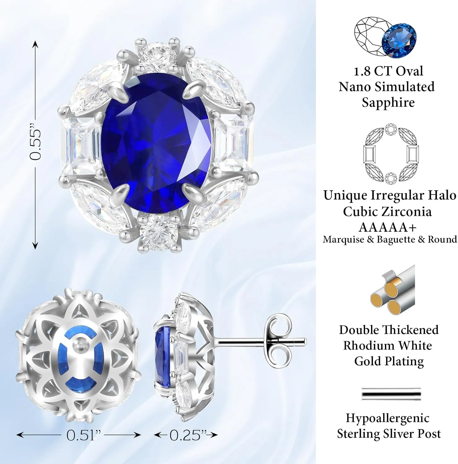 Royal Blue Jewelry Set for Women, White Gold Plated Oval Halo Cubic Zirconia Pendant Necklace and Earrings Studs with Hypoallergenic Sterling Silver Post, Silver Simulated Sapphire Women Jewelry Set for Wedding Prom Dressy Occasion